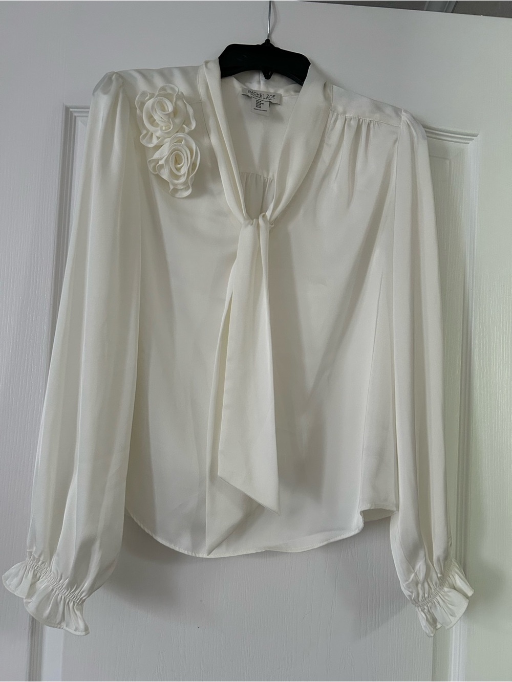 Rachel Zoe Ivory Tie-Neck Blouse with Rosette Detail